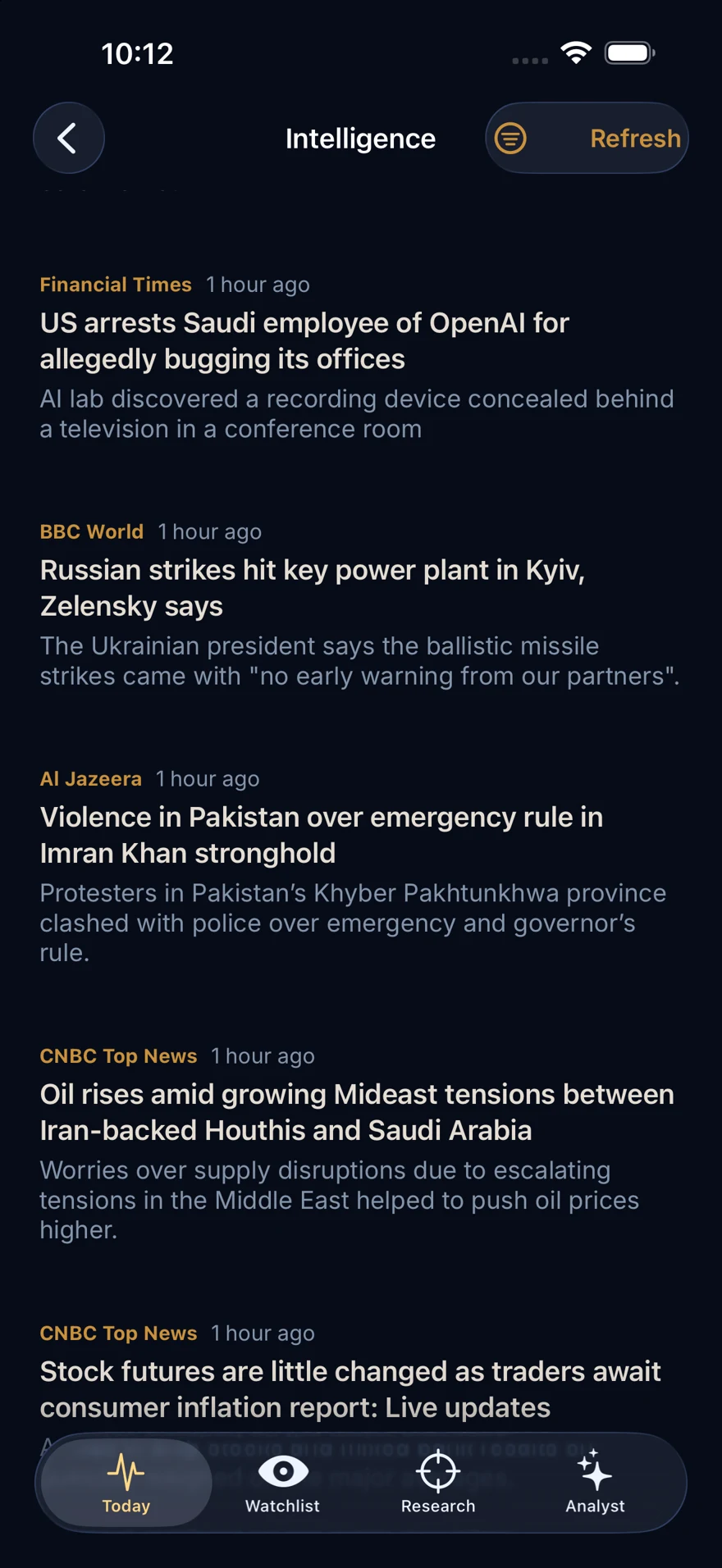 Crestwave news feed with populated source headlines and market context.